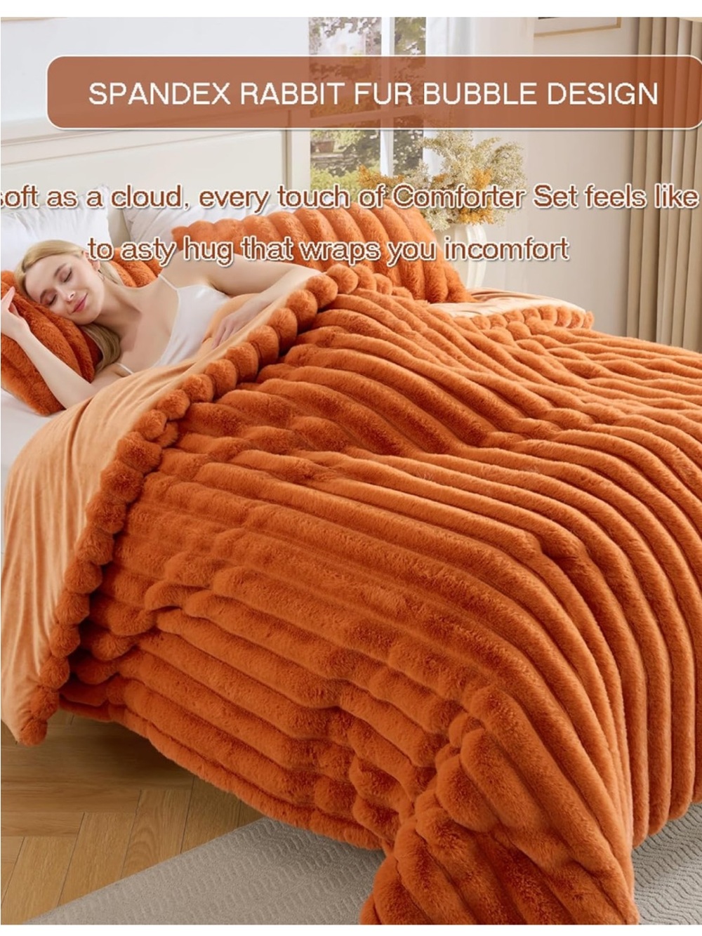 Ultra-Soft Spandex Rabbit Fur Bubble Comforter - Orange